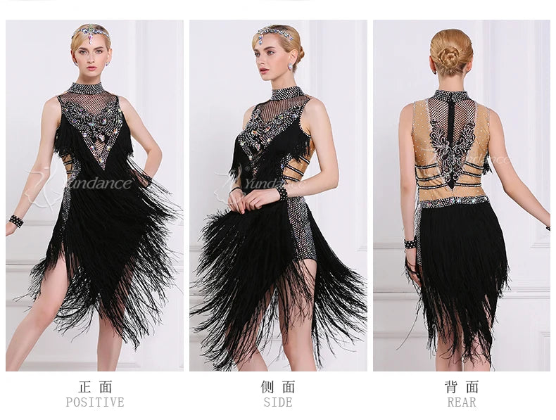 Women's Backless Latin Ballroom Dance Dress With Rhinestones And Tassel Fringe For Performance