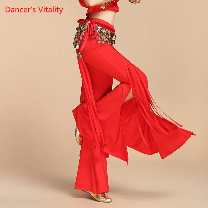 Belly Dance Pants Women's Yellow Sequin Hip Scarf Bell Bottom Slit Leg Pants for Oriental Dance Performance