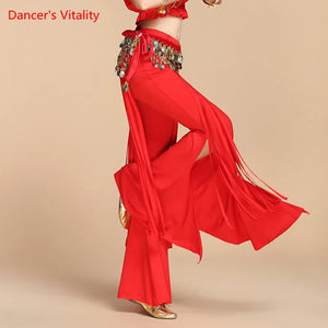 Belly Dance Pants Women's Yellow Sequin Hip Scarf Bell Bottom Slit Leg Pants for Oriental Dance Performance