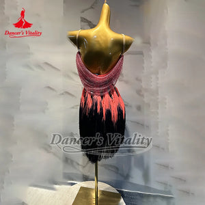 Women's Pink & Black Sequin Fringe Latin Dance Dress