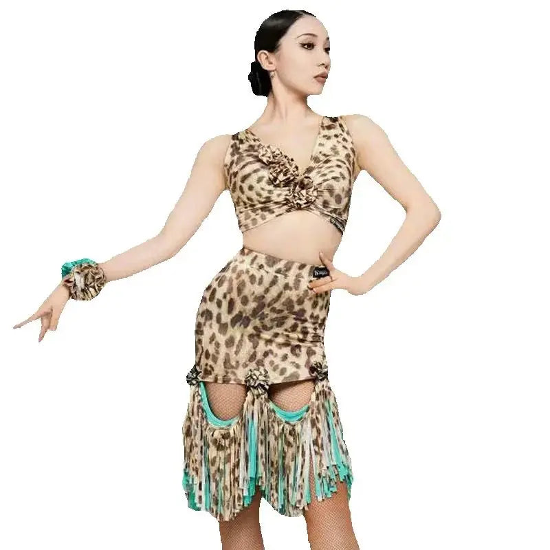 Women's Leopard Print Pink Fringe Latin Dance Dress, Mesh Sleeves