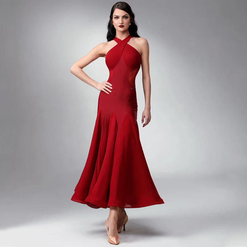 Women's Red Halter Neck Ballroom Dance Dress with Mesh Panels and Flowy Skirt