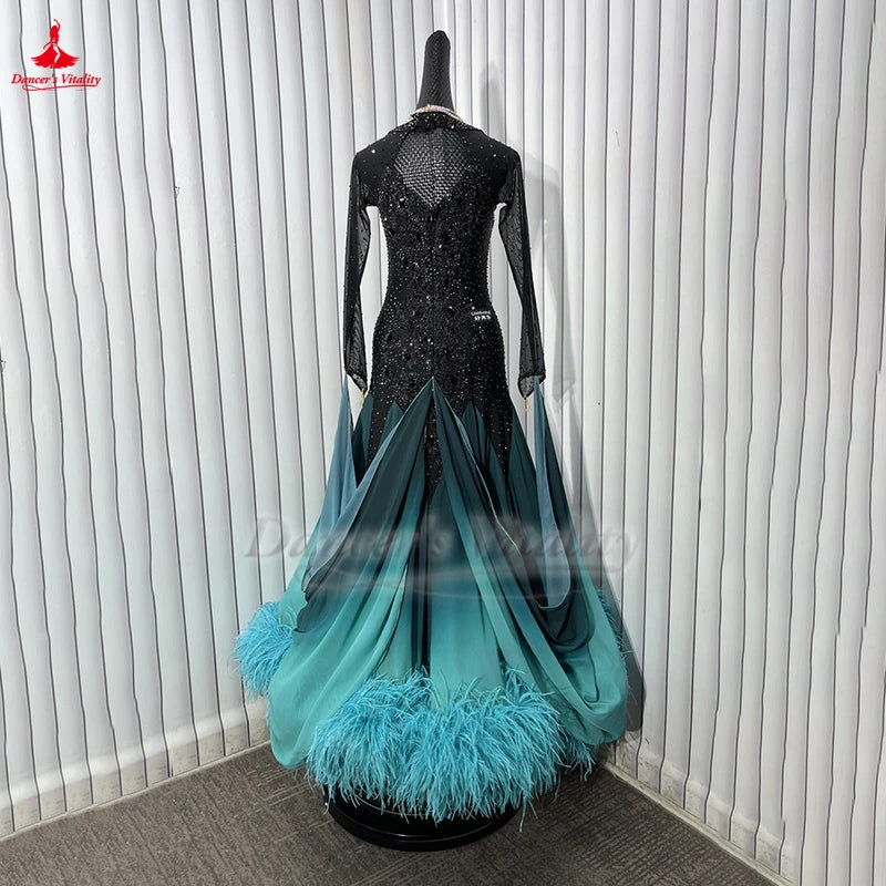 Women's Ballroom Dance Dress Ombre Chiffon Ostrich Feathers Swing Skirt Adult Waltz Foxtrot Tango Competition