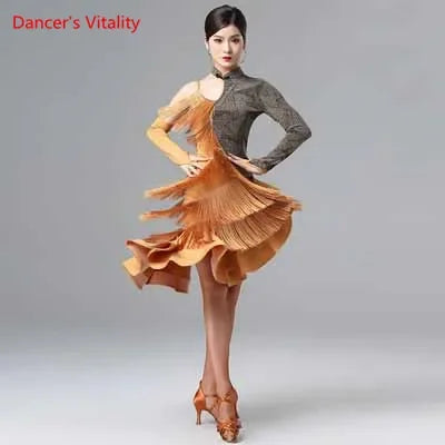Women's Gold & Grey Asymmetrical Fringe Latin Dance Dress with Long Sleeves