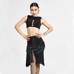 Women's Black Fringe Latin Dance Top and Skirt Set with Lacing Detail, Mesh Neckline