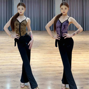 Women's Brown and Purple Lace V-Neck Cami Bodysuit with Black Flare Dance Pants Latin Ballroom Performance Outfit