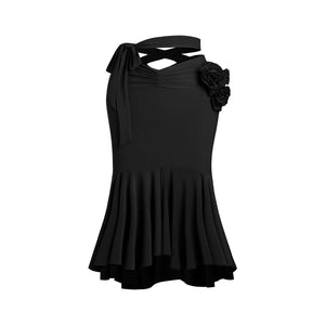 Women's Black & Red Mesh Long Sleeve Crop Top & Ruffled Slit Skirt Latin Dancewear Set