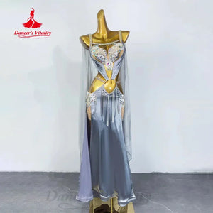 Women's Silver Sequin Beaded Cutout Fringe Satin Belly Dance Dress with Sheer Cape