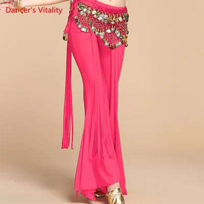 Belly Dance Pants Women's Yellow Sequin Hip Scarf Bell Bottom Slit Leg Pants for Oriental Dance Performance