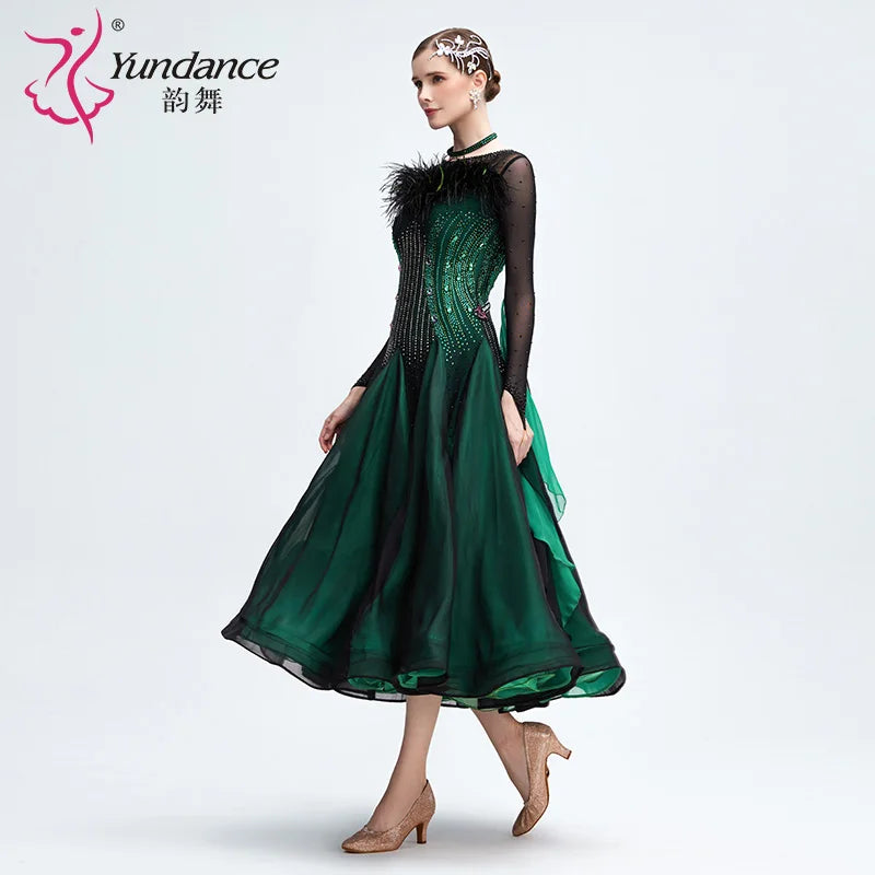 Women's Long Standard Ballroom Dance Dress In Chiffon With Rhinestones For Competition