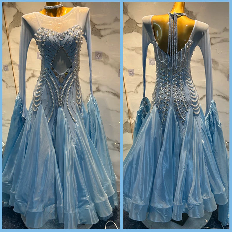 Ballroom Dance Dress Women's Light Blue Beaded Pearls Mesh Long Sleeve Standard Smooth Competition Gown