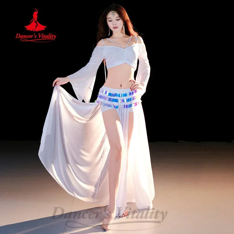 Belly Dance Costume Women Black Off-Shoulder Crop Top Long Sleeve with Slit Skirt and Sequin Hip Scarf Set