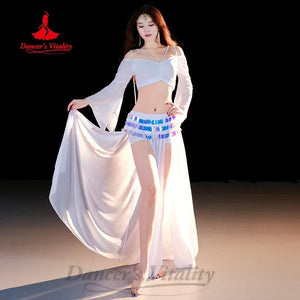 Belly Dance Costume Women Black Off-Shoulder Crop Top Long Sleeve with Slit Skirt and Sequin Hip Scarf Set