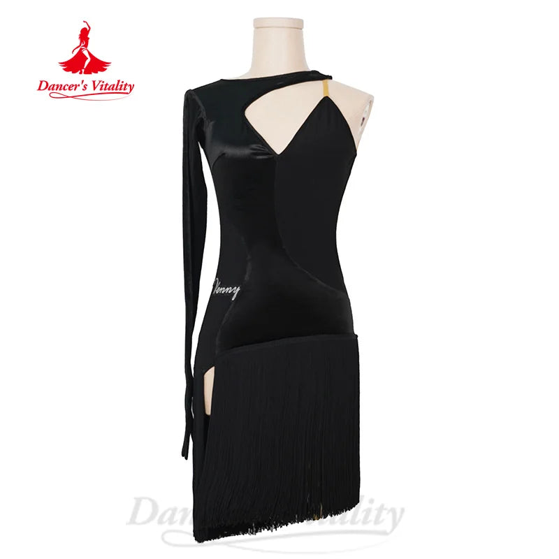 Women's Black Velvet & Fringe Asymmetric Latin Dance Dress with Long Sleeve