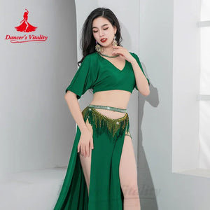 Belly Dance Costume Women's Emerald Green V-Neck Crop Top with Short Sleeves, High Slit Skirt, and Rhinestone Fringe Hip Scarf Set for Performance