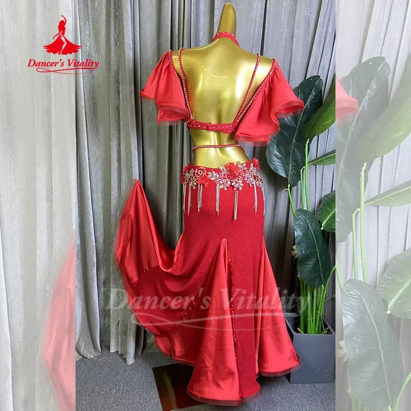 Belly Dance Costume Set With AB Rhinestone Bra Top & Tassel Fishtail Long Skirt For Kids & Adults Performance