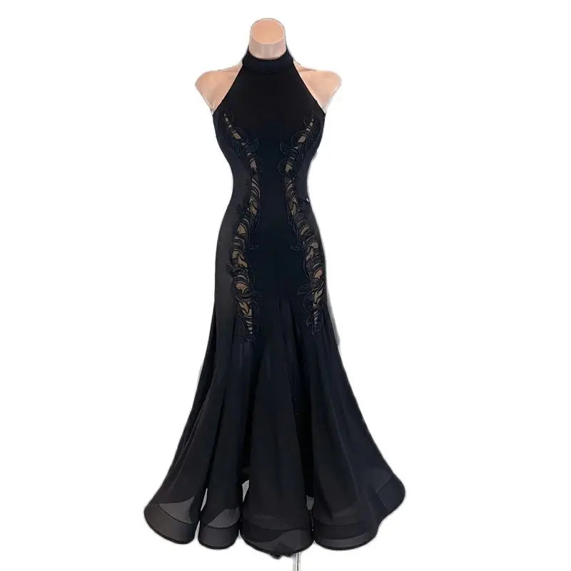 Women's Black Halter Neck Rhinestone Embellished Backless Ballroom Dance Dress