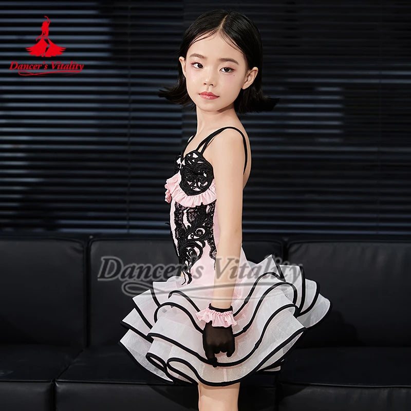 Girls' Pink & Black Lace Ruffle Latin Dance Dress with Gloves