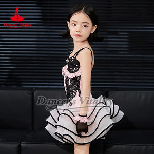 Girls' Pink & Black Lace Ruffle Latin Dance Dress with Gloves