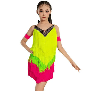Girls' Neon Green & Hot Pink Fringe Sequin Latin Dance Dress