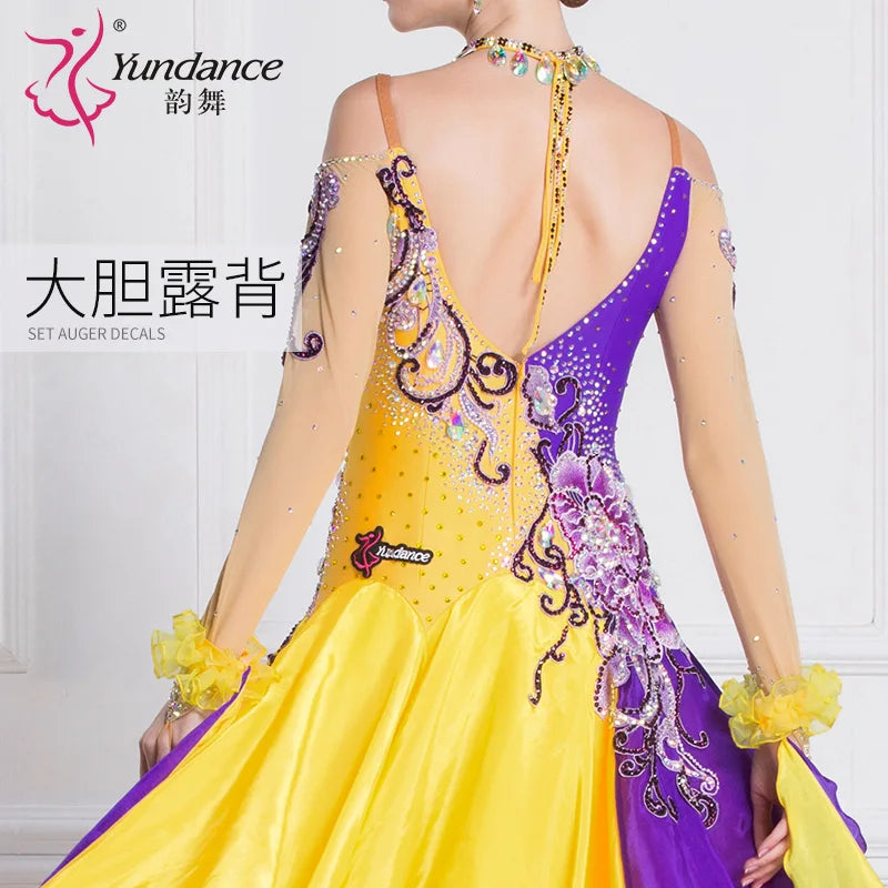 Women's Ballroom Dance Dress With Mosaic Applique And Pearl Details Silk Yellow And Purple For Competition