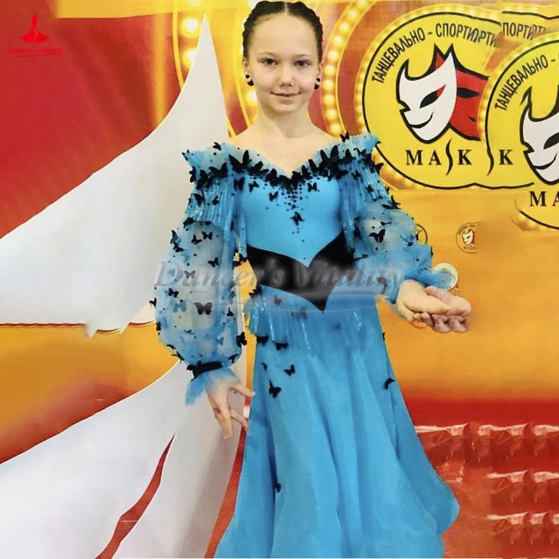 Ballroom Dance Dress Girls Blue Black Butterfly Mesh Long Sleeve Smooth Standard