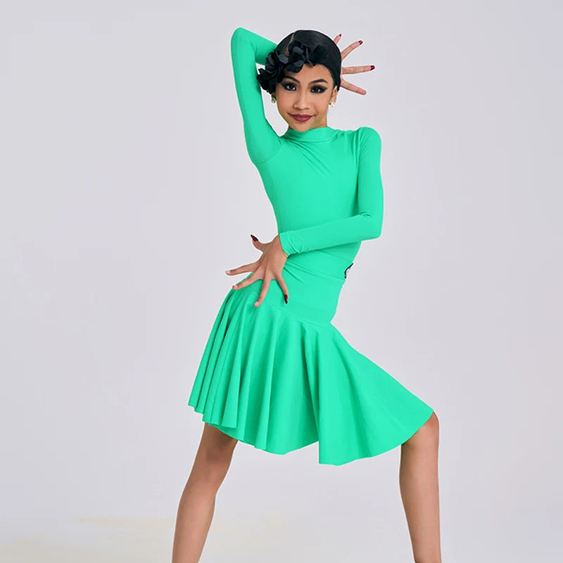 Girls' Teal Long Sleeve Mock Neck Pleated Hem Latin Dance Dress