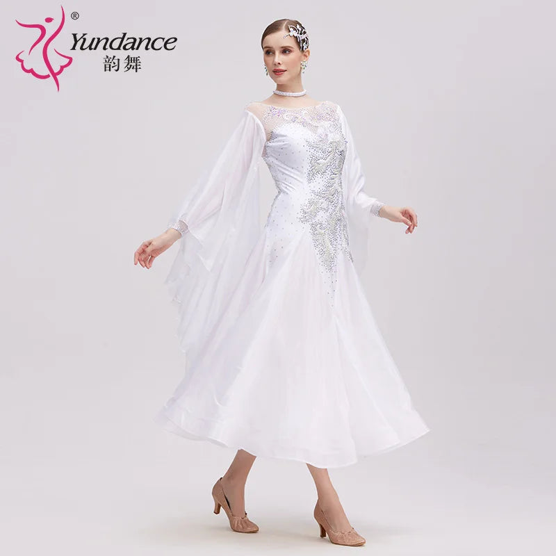 Women's Ballroom Dance Competition Dress In White Pearl Silk For Performance