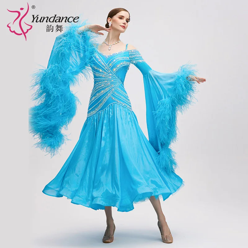 Women's Long Standard Ballroom Dance Dress With Rhinestones Satin Chiffon Blue For Competition