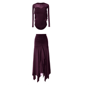 Dance Dress Women's Burgundy Mesh Long Sleeve Ruched Asymmetrical Hem Ballroom Latin Dance Dress
Dance Dress Women's Black Mesh Long Sleeve Ruched Asymmetrical Hem Ballroom Latin Dance Dress