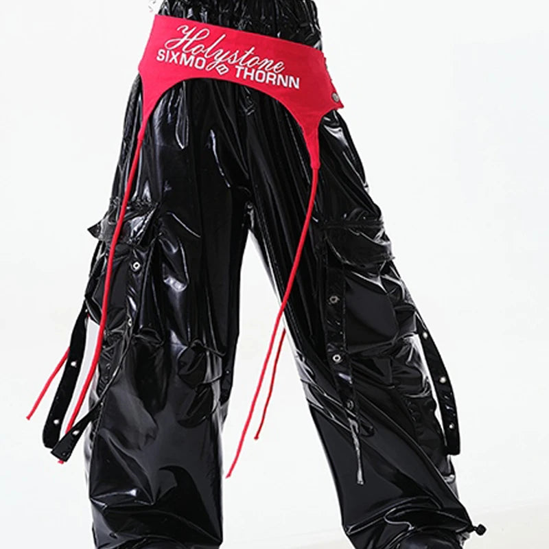 Dance Costume Girls Black White Red Checkered Crop Top Shiny PU Cargo Pants Hip Hop Street Dance