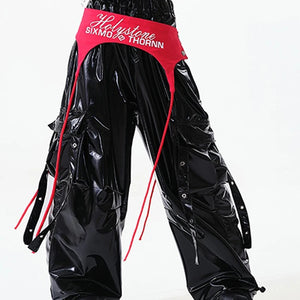 Dance Costume Girls Black White Red Checkered Crop Top Shiny PU Cargo Pants Hip Hop Street Dance
