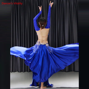 Women's Blue Sequin Fringe Long Sleeve Belly Dance Costume with Flowing Skirt