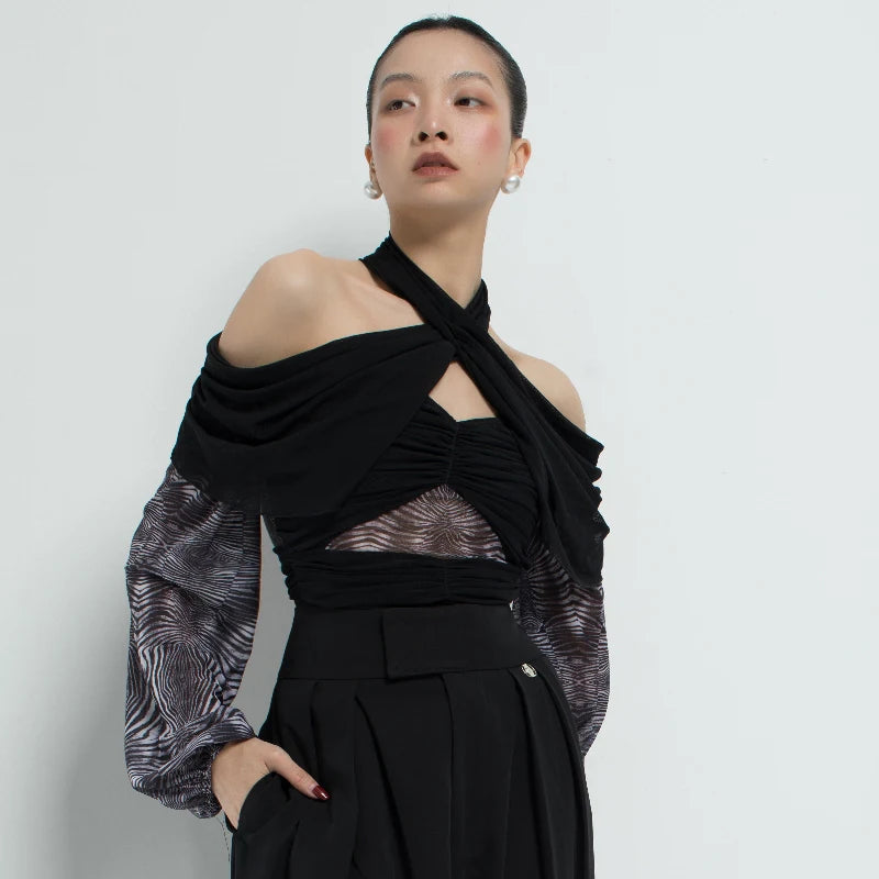 Women's Black Halter Off-Shoulder Ruched Mesh Top with Zebra Print Sleeves, Contemporary Dance