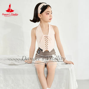 Girls' Pink Halter Crop Top and Grey Bell Bottom Dance Pants Set, Ruffled Waist, Lace-Up Front, Modern Dance