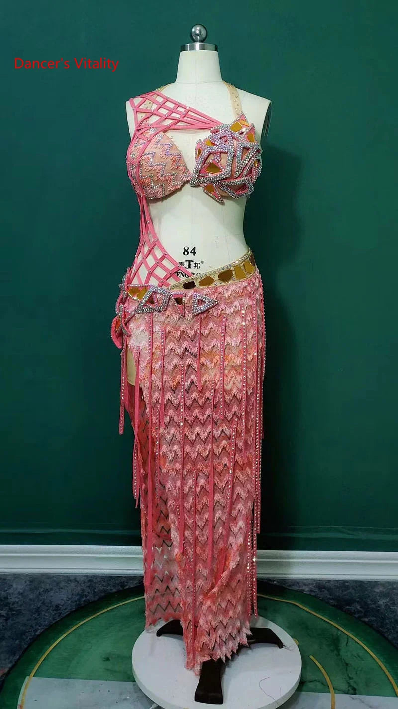 Belly Dance Costume Women's Pink Sequin Rhinestone Cutout Halter Bra & Skirt Set with Arm Cuffs
