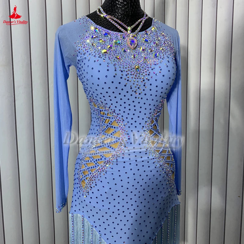 Latin Ballroom Dance Dress With AB Rhinestones, Long Sleeves And Tassels For Adults And Kids Performance