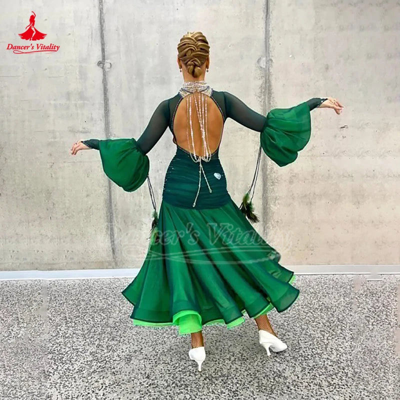 Women's Standard Ballroom Dress With Lantern Sleeves, Backless Design For Competition and Performance