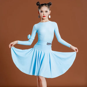 Girls Latin Dance Dress, Long Sleeve, Pleated Skirt, Ballroom Performance Costume