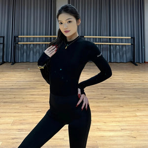 Women's Black Long Sleeve Mock Neck Thumbhole Leotard and Leggings Set, Latin Dance