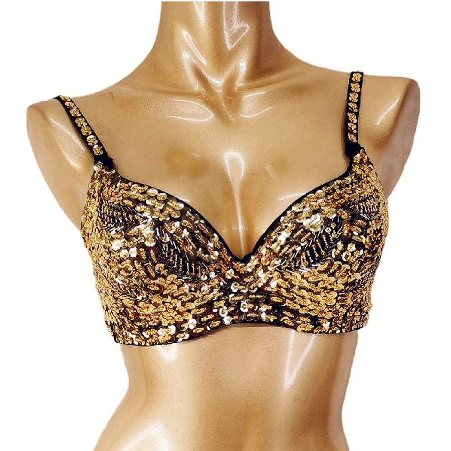 Sequin Embellished Dance Bra Top Gold Black Latin Ballroom Salsa Belly Dance Costume Women's