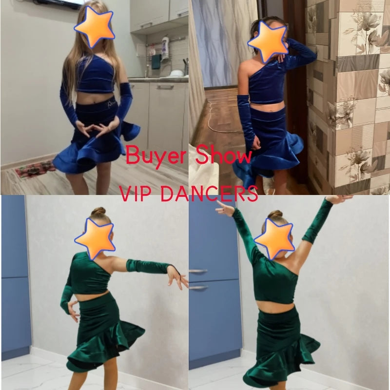 Girls' Blue and Green Velvet One-Shoulder Long Sleeve Ruffled Skirt Latin Dance Dress