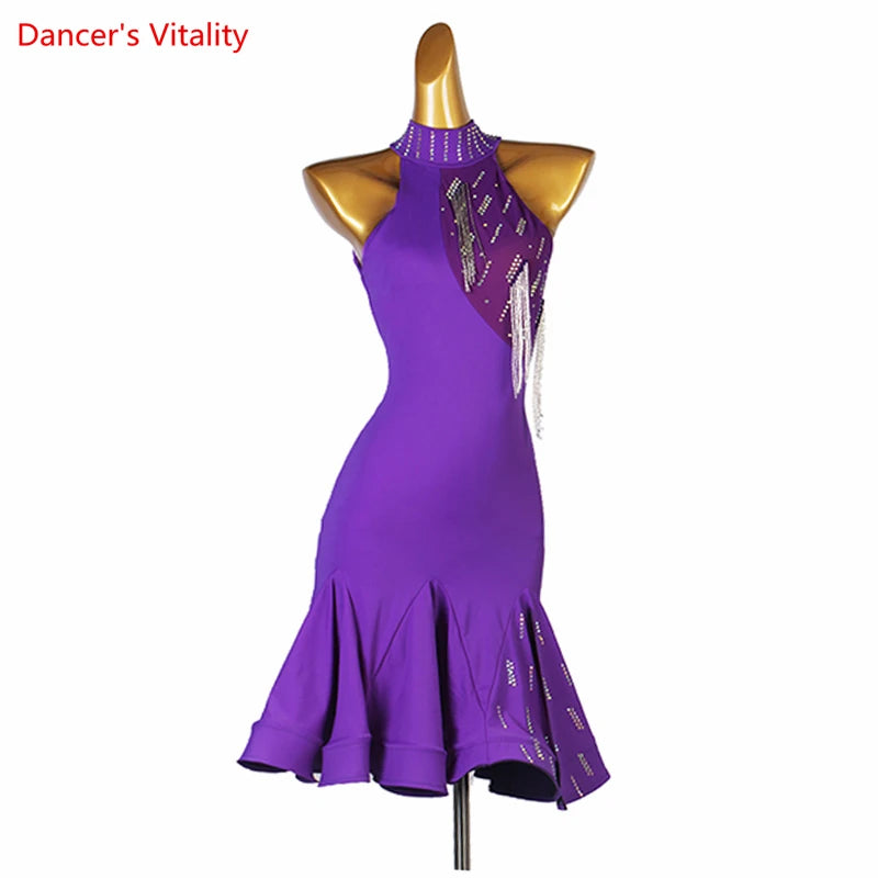 Women's Green Halter Sequin Fringe Latin Dance Dress