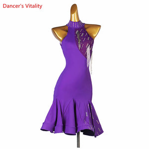 Women's Green Halter Sequin Fringe Latin Dance Dress