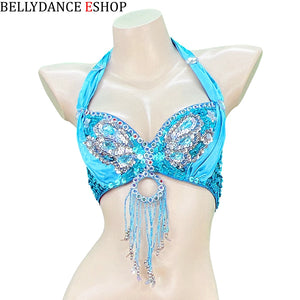 Belly Dance Bra Top, Women's Red Sequin & Beaded Halter Top with Fringe, Belly Dancing Costume