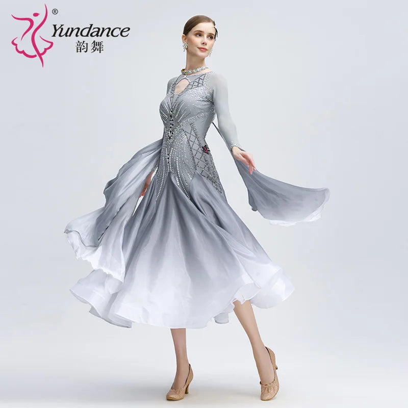 Women's International Standard Ballroom Dance Dress In Ombre Silk With Pearl Embellishments For Competition