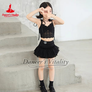 Girls Black Lace Crop Top and Tulle Skirt Latin Dance Costume - Dancer's Vitality