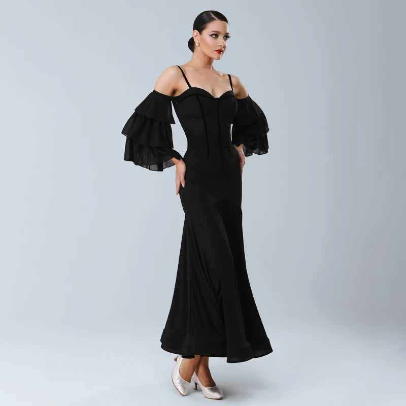 Women's Black Chiffon Off-Shoulder Ruffle Sleeve Sweetheart Neckline Latin Ballroom Dance Dress