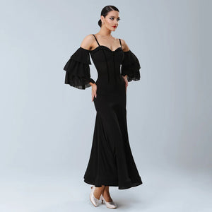 Women's Black Chiffon Off-Shoulder Ruffle Sleeve Sweetheart Neckline Latin Ballroom Dance Dress