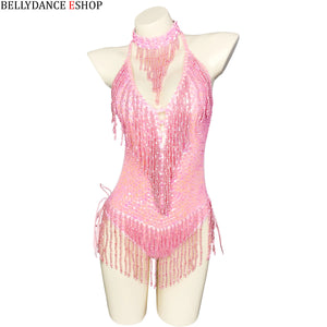 Women's Olive Green Beaded Sequin Halter Neck Fringe Latin Dance Leotard